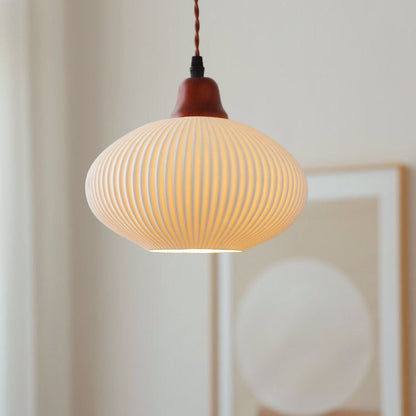 Traditional Japanese Pleated Round Dome Ceramic Solid Wood Iron 1-Light Pendant Light For Living Room & Bedroom