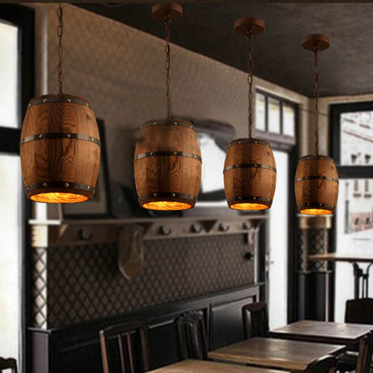 Traditional Rustic Round Iron Wood Wine Barrel 1-Light Single Barrel Pendant Light For Dining Room