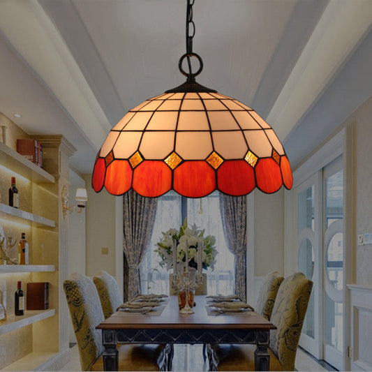 Traditional Tiffany Gemstone Stained Glass Iron Dome 3-Light Pendant Light For Living Room