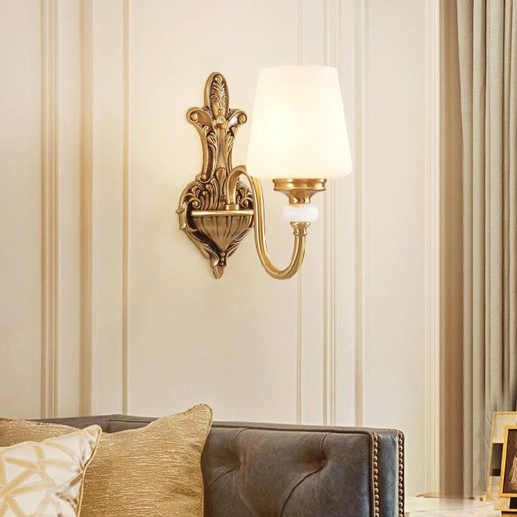 Traditional European Jade Glass Brass Cone Cup Shade 1/2 Light Wall Sconce Lamp For Bedroom