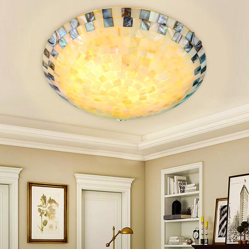 Traditional Tiffany Mediterranean Mosaic Shell Round LED Flush Mount Ceiling Light For Living Room