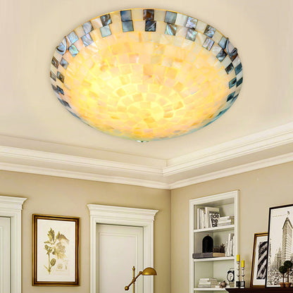 Traditional Tiffany Mediterranean Mosaic Shell Round LED Flush Mount Ceiling Light For Living Room