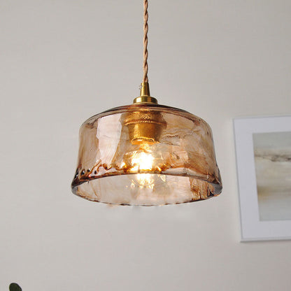 Traditional Vintage Amber Drum Round Glass Brass 1-Light Pendant Light For Living Room