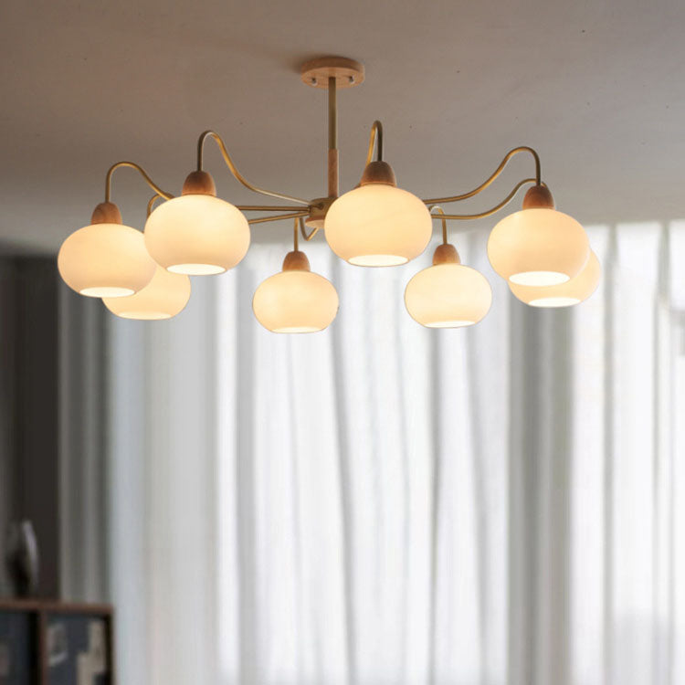 Contemporary Scandinavian Rubberwood Glass Iron Round Curved 3/6/8 Light Chandelier for Living Room
