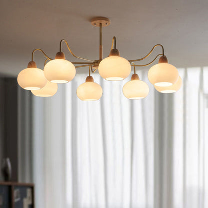 Contemporary Scandinavian Rubberwood Glass Iron Round Curved 3/6/8 Light Chandelier for Living Room