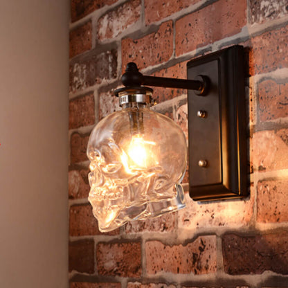 Contemporary Creative Round Skull Glass Iron 1-Light Halloween Wall Sconce Lamp For Living Room
