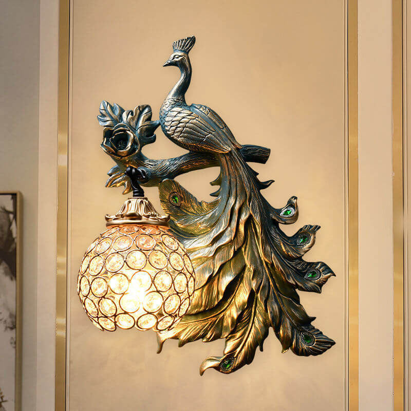 European Vintage Peacock Resin 1-Light Wall Sconce Lamp