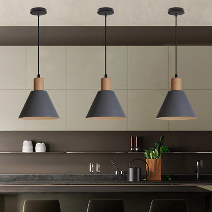Traditional Vintage Iron Solid Wood Round Cone Top 1-Light Pendant Light for Living Room