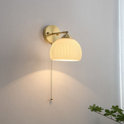 Contemporary Nordic Striped White Glass Brass 1-Light Pull Cord Wall Sconce Lamp For Bedroom