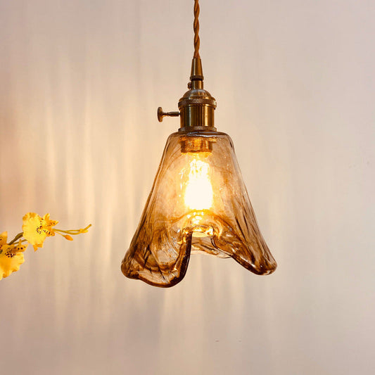 Traditional Vintage Amber Square Glass Brass 1-Light Pendant Light For Living Room