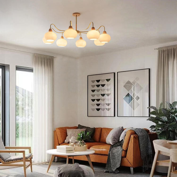 Contemporary Scandinavian Rubberwood Glass Iron Round Curved 3/6/8 Light Chandelier for Living Room