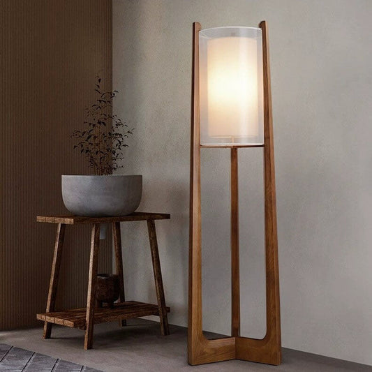 Traditional Japanese Solid Wood Brass Fabric Column 1-Light Standing Floor Lamp For Living Room And Bedroom