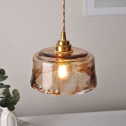 Traditional Vintage Amber Drum Round Glass Brass 1-Light Pendant Light For Living Room