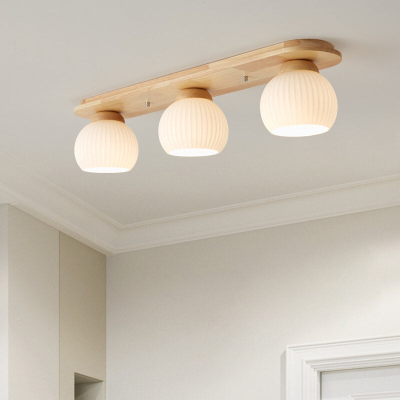 Traditional Japanese Striped Glass Wood Long Plate 2/3 Light Flush Mount Ceiling Light