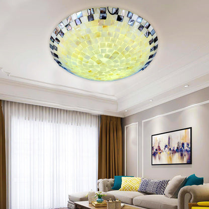 Traditional Tiffany Mediterranean Mosaic Shell Round LED Flush Mount Ceiling Light For Living Room