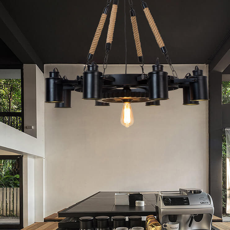 Contemporary Industrial Retro Gear Wrought Ion Hemp Rope 7/9/11-Light Chandelier For Living Room