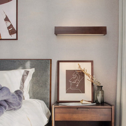 Traditional Japanese Striped Rectangular Wood LED Vanity Mirror Front Wall Sconce Lamp For Bedroom