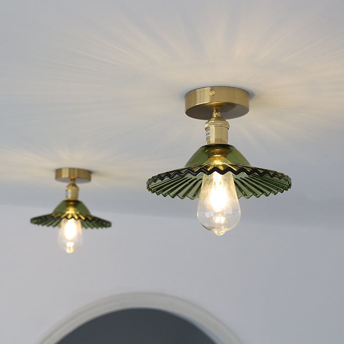 Traditional Vintage Glass Iron Lotus 1-Light Semi-Flush Mount Ceiling Light
