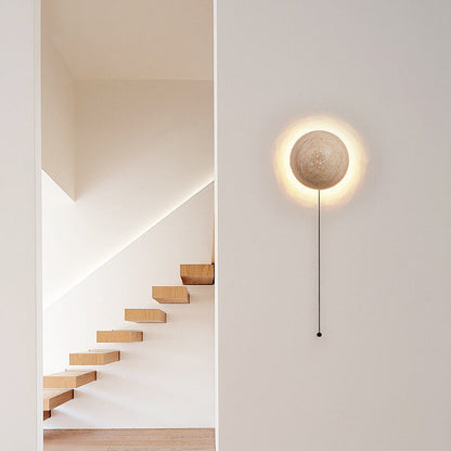 Traditional Japanese Round Yellow Travertine Wabi-Sabi LED Wall Sconce Lamp For Hallway