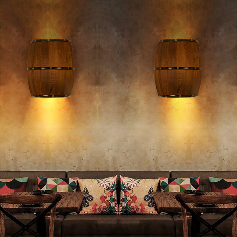 Contemporary Industrial Half Barrel Wood Hardware LED Wall Sconce Lamp for Living Room