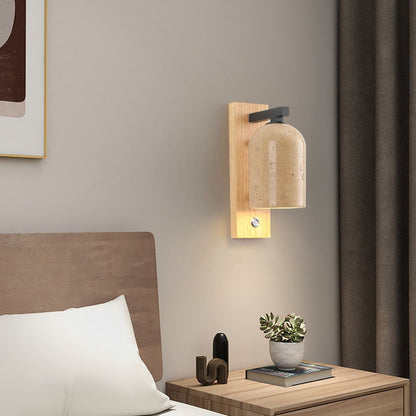 Traditional Japanese Yellow Travertine Cylinder Solid Wood Base 1-Light Wall Sconce Lamp For Bedroom