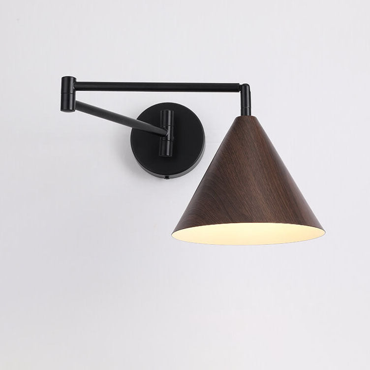 Contemporary Nordic Cone Swing Arm Wood Grain Iron 1-Light Wall Sconce Lamp For Bedroom