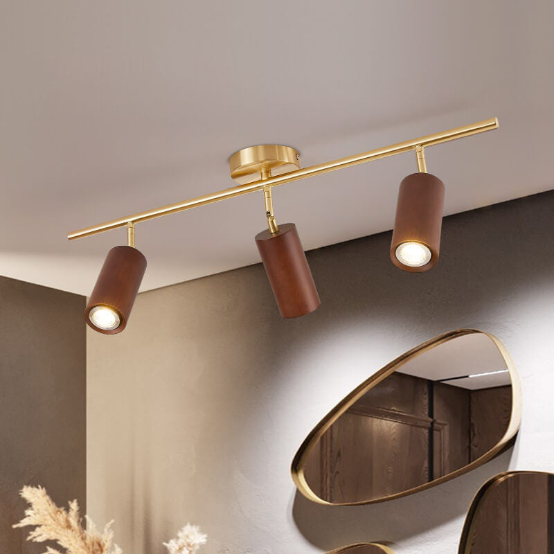Modern Minimalist Walnut Wood Spotlight Linear Track Rubberwood Iron LED Semi-Flush Mount Ceiling Light for Living Room