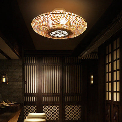 Traditional Japanese Round Bamboo Weaving Flying Saucer 3-Light Semi-Flush Mount Light For Bedroom