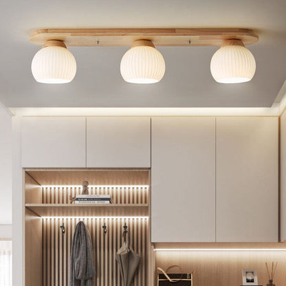 Traditional Japanese Striped Glass Wood Long Plate 2/3 Light Flush Mount Ceiling Light