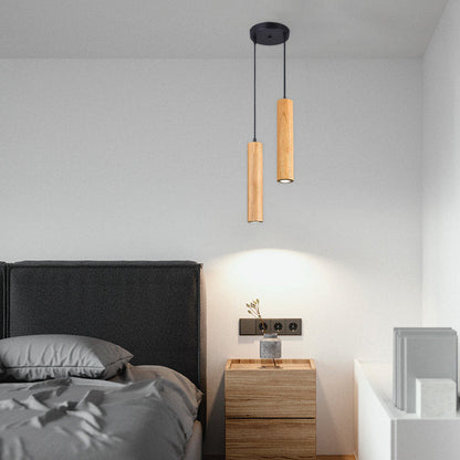 Modern Minimalist Oak Wood Cylinder LED Pendant Light For Living Room & Bedroom