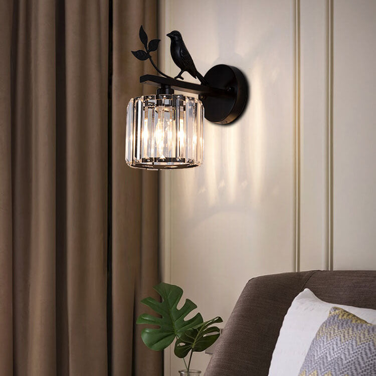 Traditional Vintage Iron Glass Round Bird 1-Light Wall Sconce Lamp for Living Room