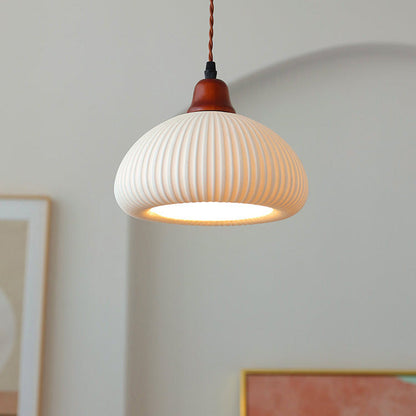 Traditional Japanese Pleated Round Dome Ceramic Solid Wood Iron 1-Light Pendant Light For Living Room & Bedroom
