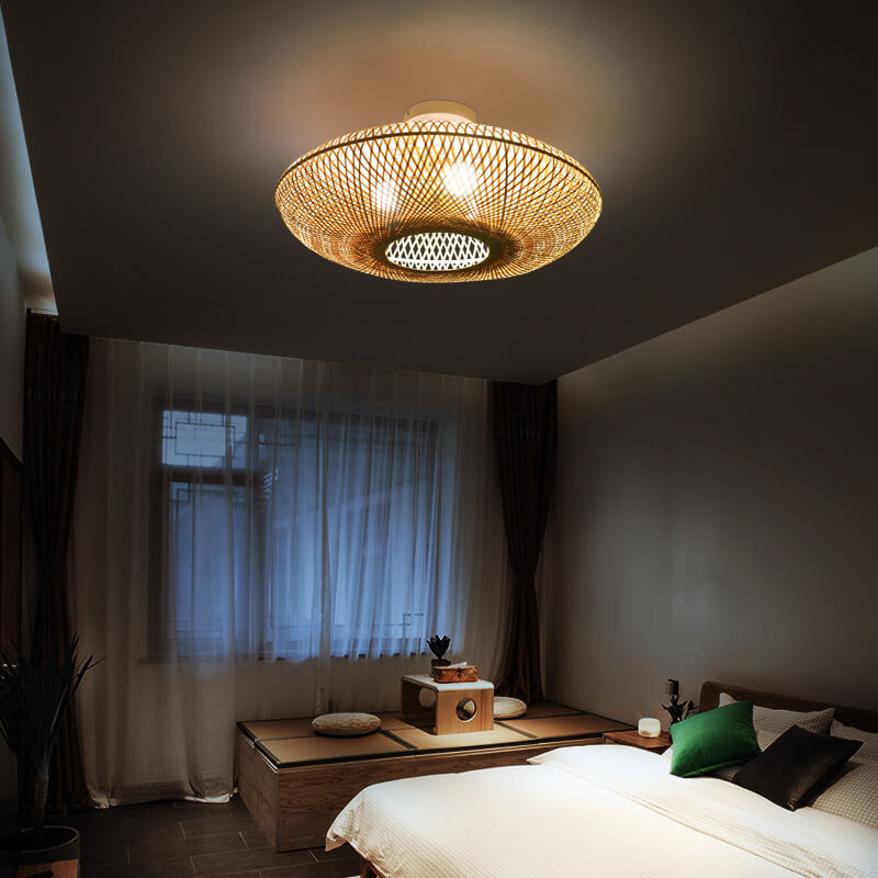 Traditional Japanese Round Bamboo Weaving Flying Saucer 3-Light Semi-Flush Mount Light For Bedroom