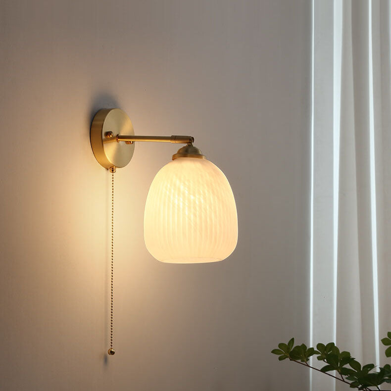 Contemporary Nordic Striped White Glass Brass 1-Light Pull Cord Wall Sconce Lamp For Bedroom