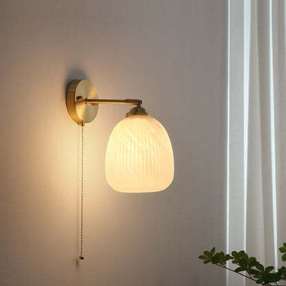 Contemporary Nordic Striped White Glass Brass 1-Light Pull Cord Wall Sconce Lamp For Bedroom
