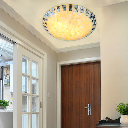 Traditional Tiffany Mediterranean Mosaic Shell Round LED Flush Mount Ceiling Light For Living Room