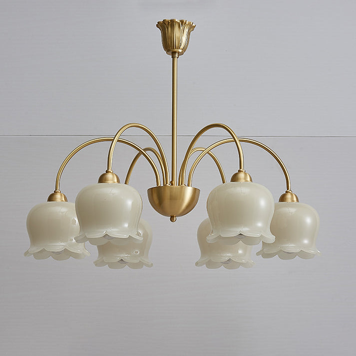 Traditional French Cream Floral Copper Glass 5/6/8 Light Chandelier For Living Room