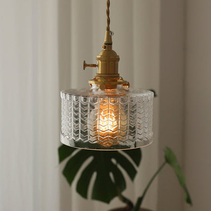 Contemporary Nordic Brass Iron Glass Clear Round Drum Copper 1-Light Pendant Light For Living Room & Bedroom