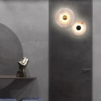 Modern Minimalist Round Iron Marble LED Wall Sconce Lamp For Bedroom
