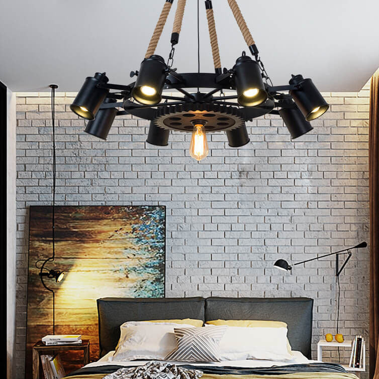 Contemporary Industrial Retro Gear Wrought Ion Hemp Rope 7/9/11-Light Chandelier For Living Room