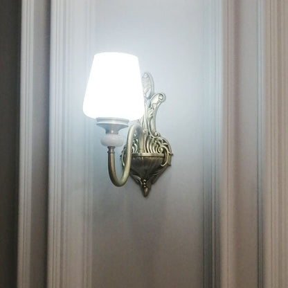 Traditional European Jade Glass Brass Cone Cup Shade 1/2 Light Wall Sconce Lamp For Bedroom