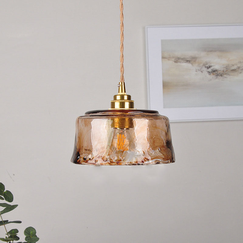 Traditional Vintage Amber Drum Round Glass Brass 1-Light Pendant Light For Living Room