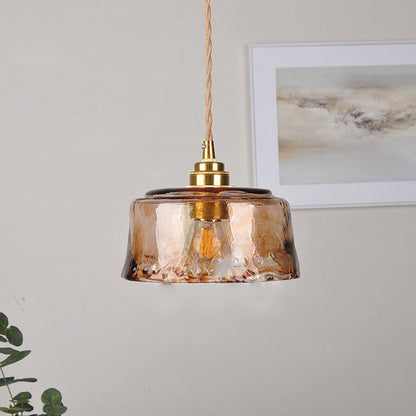 Traditional Vintage Amber Drum Round Glass Brass 1-Light Pendant Light For Living Room