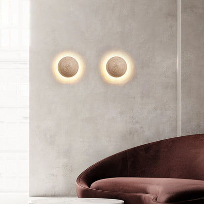 Traditional Japanese Round Yellow Travertine Wabi-Sabi LED Wall Sconce Lamp For Hallway
