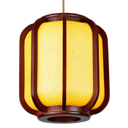 Traditional Chinese Faux Sheepskin Wooden Lantern Round 1-Light Pendant Light for Living Room