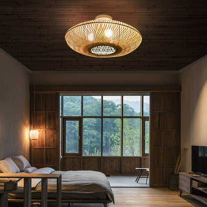 Traditional Japanese Round Bamboo Weaving Flying Saucer 3-Light Semi-Flush Mount Light For Bedroom