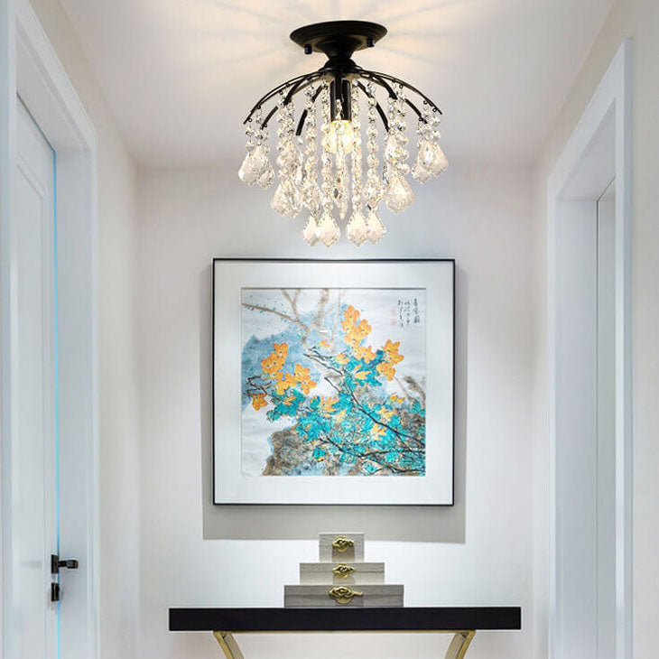 Modern Luxury Round Iron Crystal 1-Light Semi-Flush Mount Ceiling Light For Living Room
