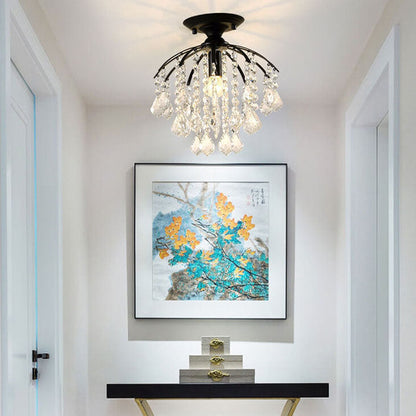 Modern Luxury Round Iron Crystal 1-Light Semi-Flush Mount Ceiling Light For Living Room