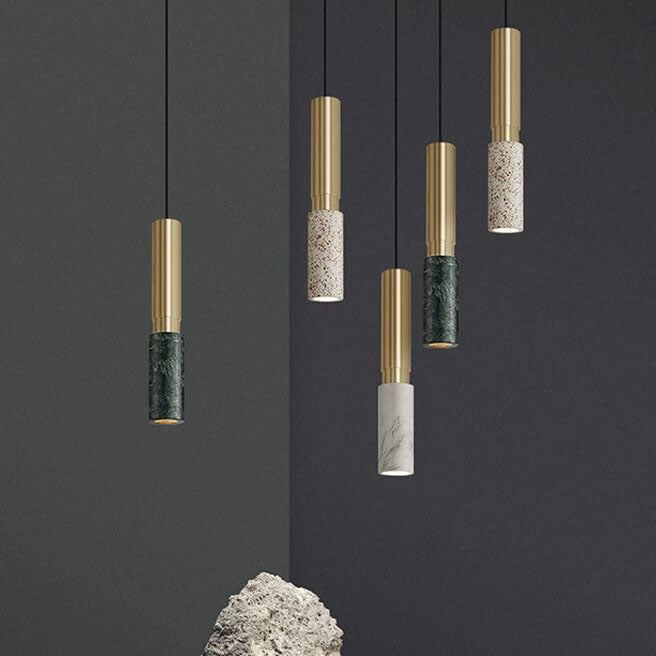 Contemporary Nordic Marble Terrazzo Column Metal 1-Light Pendant Light for Living Room