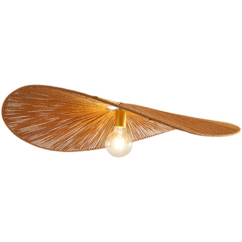 Traditional Japanese Rope Weaving Straw Hat Round 1-Light Pendant Light For Dining Room